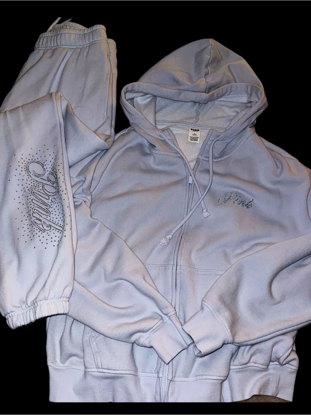 VS Pink bling hydrangea blue zip up hoodie and sweat pants set